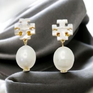 Tory Burch Gold and White Pearl Earrings